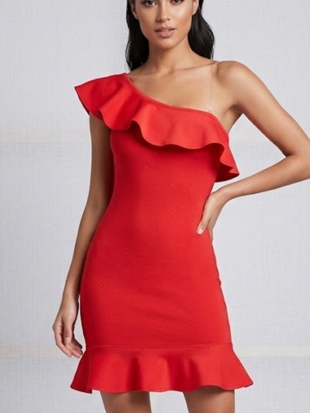 ❤️WOW couture One-Shoulder Red Ruffle Bodycon Dress